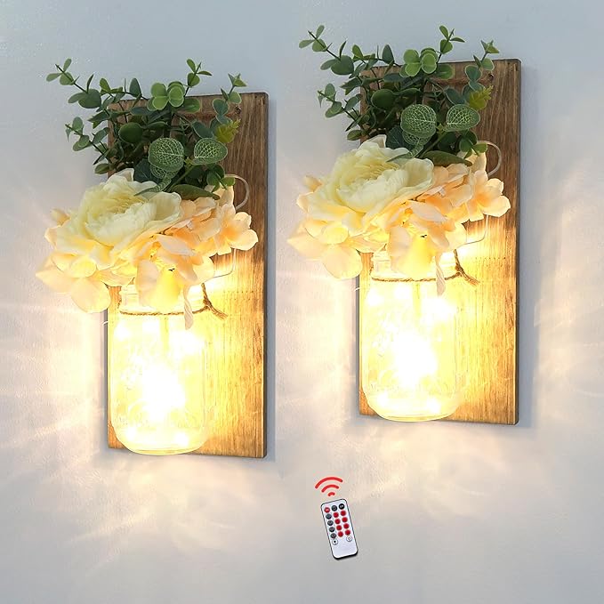 Farmhouse Wall Decor for Living Room Rustic Mason Jar Wall Sconces Set of 2 for Home Living Room Bedroom Decorations with Rose Bouquet Flowers and Remote LED Fairy Lights (Large Jacobean)