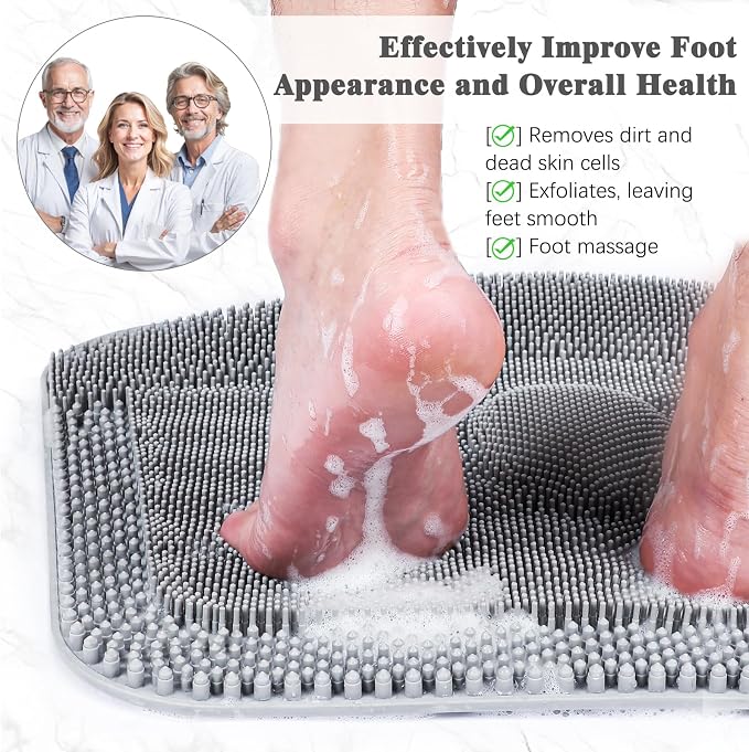 FREATECH Silicone Shower Foot Scrubber Mat 17.3" x 13", Large Foot Cleaner Brush to Clean, Exfoliate and Massage Feet Without Bending Over, Improve Foot Appearance and Overall Health, Grey