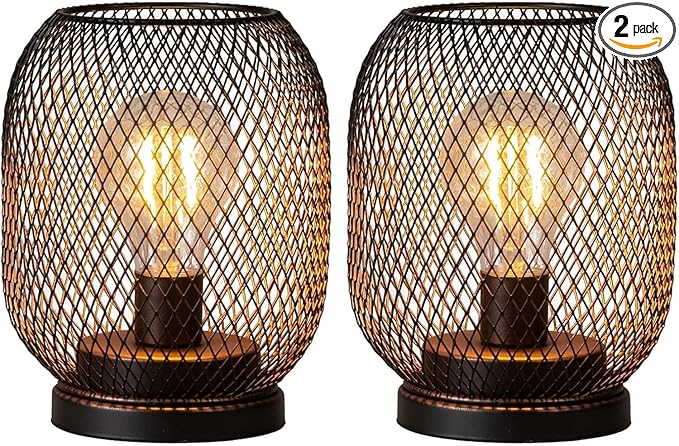 Set of 2 Battery Operated Lamp LED Table Lantern, Brown Metal Cage Cordless Lamps with LED Bulb，Vintage Decorative Outdoor Lantern for Weddings, Parties, Patio, Events for Indoors Shelf Decor