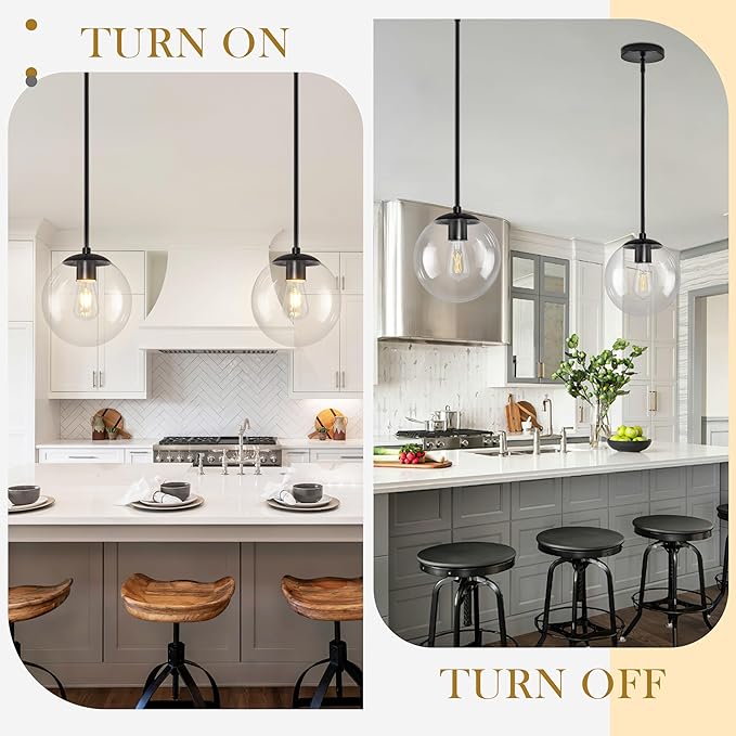 Bagood 10" Globe Pendant Light Black 2 Pack Mid Century Pendant Light Globe Pendant Lights Kitchen Island Matte Black Finished with Clear Glass Adjustable Ceiling Light Fixtures for Dining Room Bar