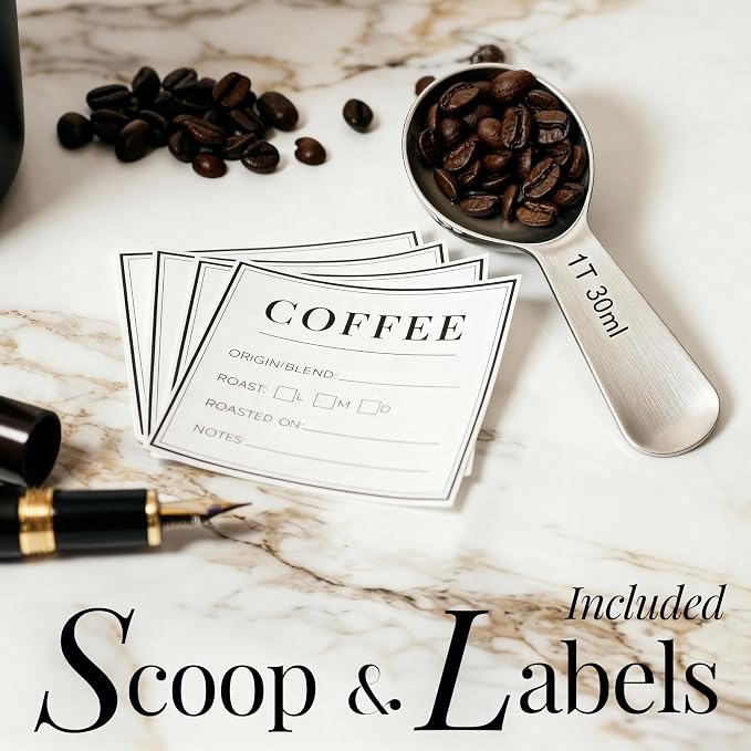 STYLED SETTINGS Vacuum Coffee Canister with Airtight Lid - Dual-Lid Airtight Coffee Canister with Scoop and Label for Beans and Grounds, Food Storage Container -White and Gold Kitchen Accessories