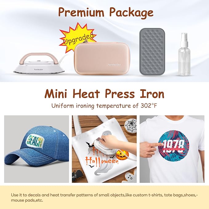 Newbealer Travel Iron Set, 100-240V Mini Dry Iron for Clothes (No Steam) | Max 300W, Heats in 60s, 302℉ Ceramic Soleplate, Handy Heat Press, 0.8lbs Lightweight for Quick Touch-ups, Gold with Hard Case