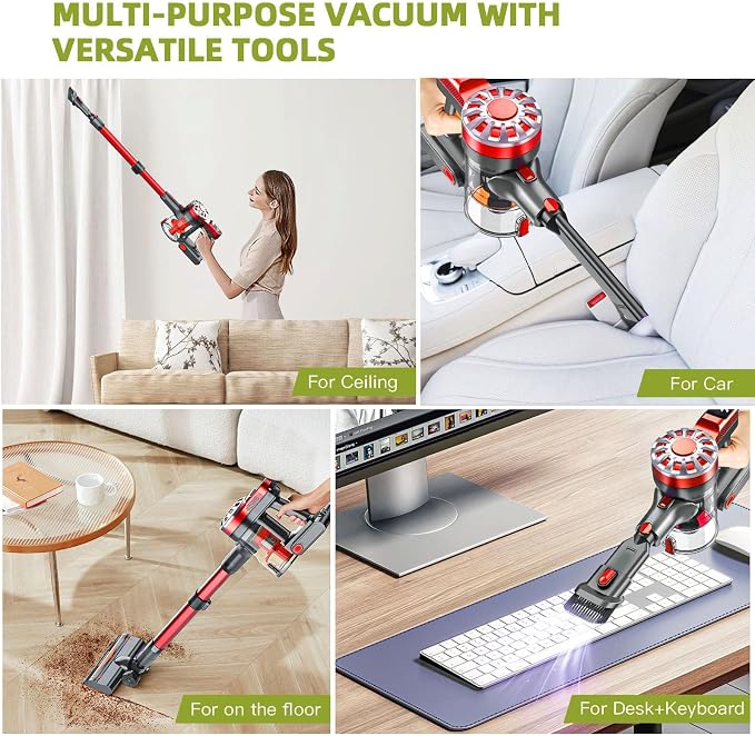WLOTPO Cordless Vacuum Cleaner for Home,Lightweight Stick Vacuum Cordless Rechargeable with Power Suction, Up to 35 Mins Runtime, Hardwood Floor Vacuum for Pet Hair,Carpets,Tile(Ruby Red)