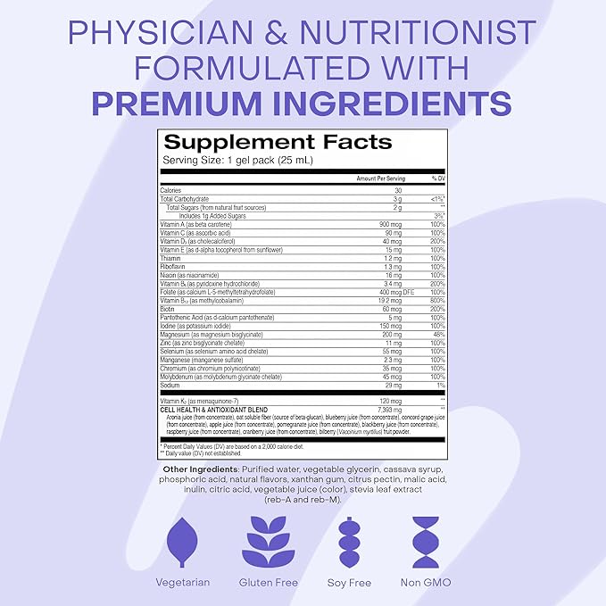 Healthycell Multivitamine liquide quotidienne bioactive pour hommes et femmes – Plus de 20 vitamines essentielles, minéraux et antioxydants pour le cerveau, le cœur, l'immunité, l'énergie, la peau et les cheveux – 30 sachets de gel