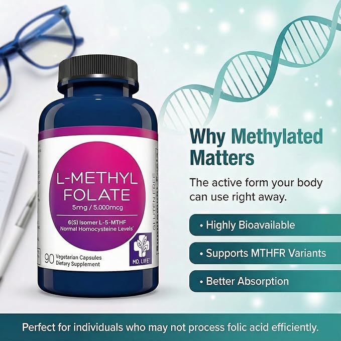 MD Life L-Méthylfolate 5mg - Supplément de Méthylfolate Actif de Qualité Professionnelle - Potentiel Maximal - Suppléments MTHFR - L-méthylfolate 5mg 90 Gélules - Acides Aminés Essentiels