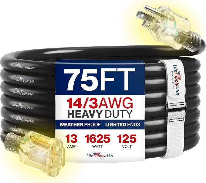 75ft Outdoor/Indoor Extension Cord 14/3 Gauge Heavy Duty 3 Prong SJTW, Waterproof, Flexible Cold-Resistant Long Power Cord,13A 125V 1625W, Black by LifeSupplyUSA