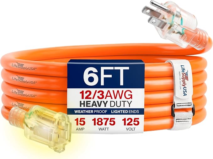 6ft Outdoor/Indoor Extension Cord 12/3 Gauge Extra Heavy Duty 3 Prong SJTW, Waterproof, Flexible Cold-Resistant Long Power Cord,15A 125V 1875W, Orange by LifeSupplyUSA