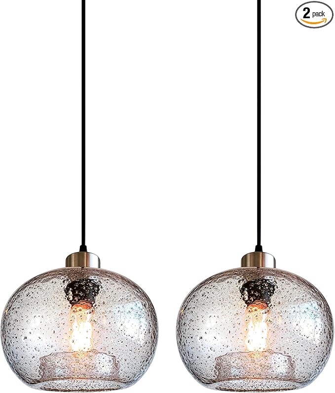 CASAMOTION Hand Blown Clear Glass Pendant Lights with Black Marble, Modern Rustic Kitchen Island Ceiling Hanging Light Fixtures for Dining Room Table Bedroom, Oval Globe 8.7 Inch Diameter, 2 Pack