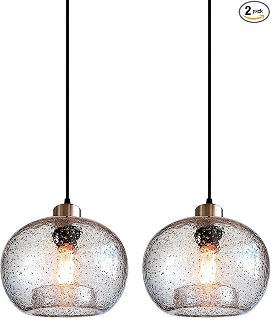 CASAMOTION Hand Blown Clear Glass Pendant Lights with Black Marble, Modern Rustic Kitchen Island Ceiling Hanging Light Fixtures for Dining Room Table Bedroom, Oval Globe 8.7 Inch Diameter, 2 Pack