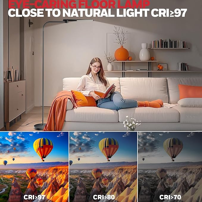Honeywell LED Floor Lamp for Reading, CRI97 Full Spectrum Gooseneck Floor Lamp, Eye-Caring Dimmable Standing Task Light, 3 Color Temperatures, 77.5" Tall for Living Room, Bedroom, Office