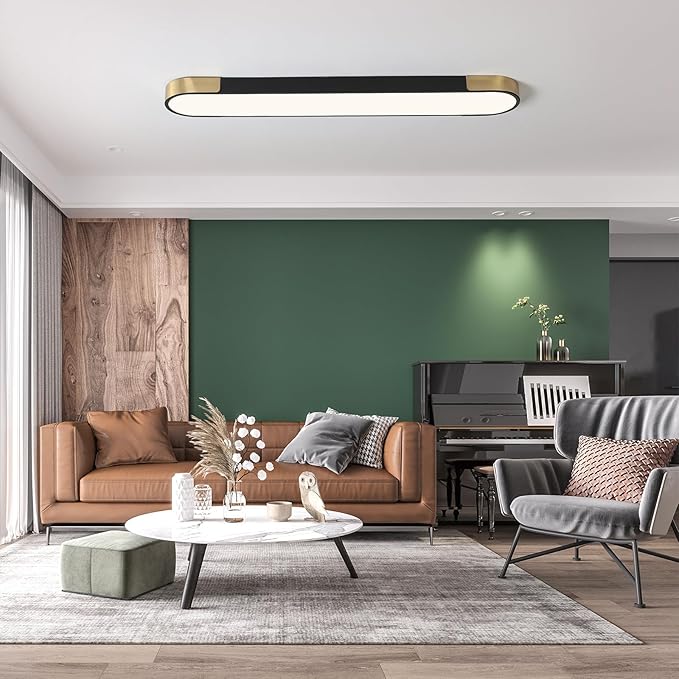 Qcyuui 4FT LED Light Fixture 60W Dimmable Led Ceiling Light Black and Gold Flush Mount Ceiling Light Modern Light Fixtures Ceiling for Kitchen Closet Garage Office Hallway