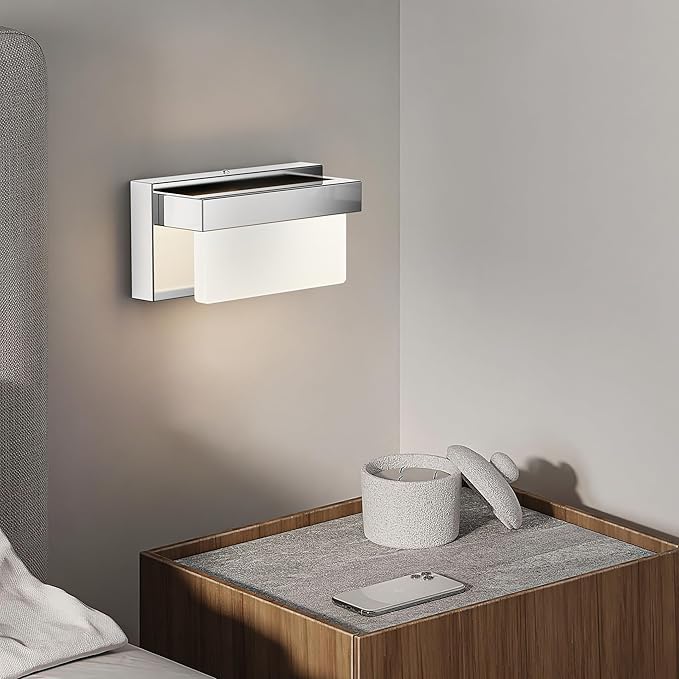 Switched LED Wall Sconce Set of 2, Indoor 8 inch 12 Watt 4000K Wired Chrome Wall Mounted Sconce Light with On/Off Switch, Frosted Arcylic Shade Sconces for Bedroom Living Room Bathroom Kitchen Hallway