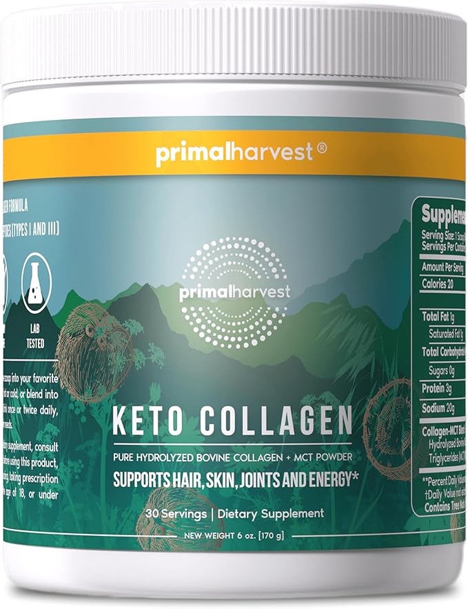 Primal Harvest Keto Collagen Powder with MCT Oil Hydrolyzed Collagen Peptides 10 oz Unflavored Paleo & Keto Friendly Protein Supplement