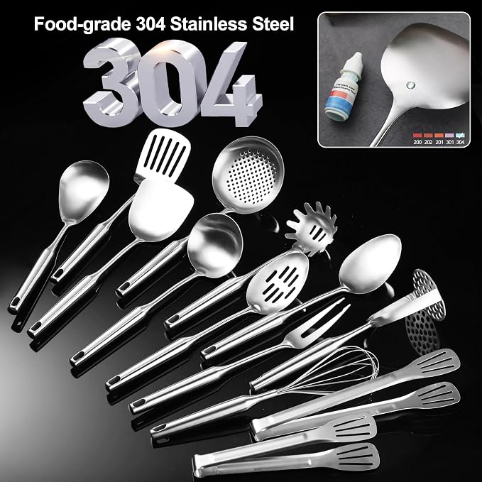 Stainless Steel Kitchen Utensils 13 PCS All Metal Set for Cooking | Food-grade 304-Healthy;Dishwasher safe;One-piece-Sturdy;Plenty of tools for all needs;Great gifts for cooking enthusiast,chef