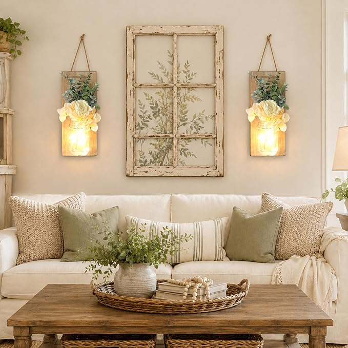 Wall Hangings for Living Room, Rustic Home Decor, Farmhouse Bedroom Decor, Wall Decor Living Room with Led Fairy Lights & Rose Flowers, Wall Art Set of 2, XL Jacobean