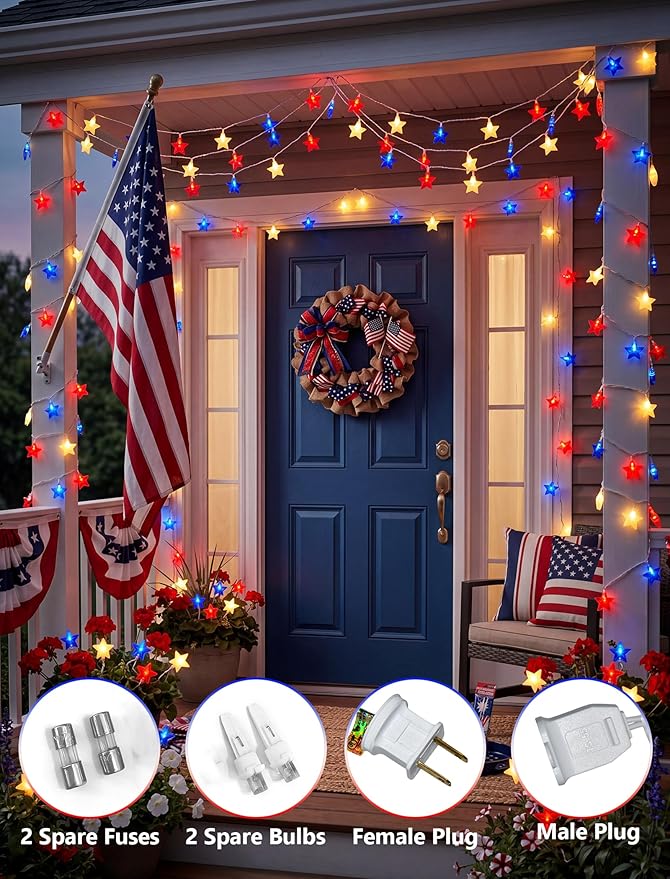 LED Red White Blue Star String Lights Plug in, 8.5Ft 4th of July Decorations Lights with 10 LED Star Light, Hanging Patriotic Outdoor Lights for Independence Day Window Home Patio Party Garden Decor