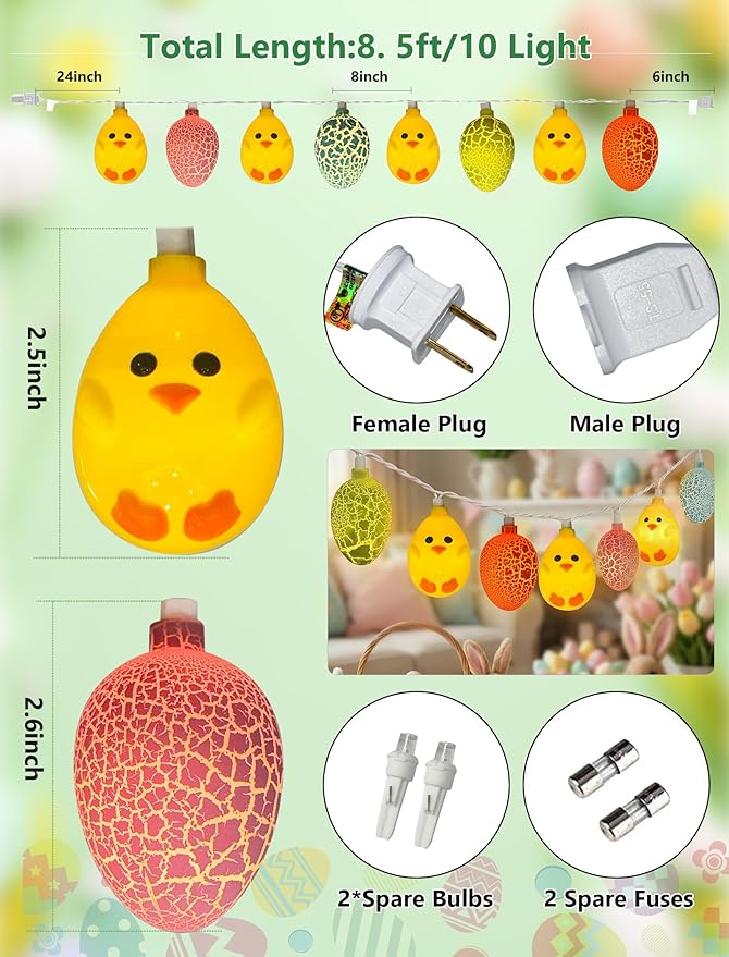 Easter Egg Chicken String Lights Plug in, 8.5Ft Outdoor Easter Decorations Lights with 10 LED Egg Chicken Pastel Fairy Lights Waterproof for Indoor Outdoor Spring Party Garden Home Window Decor