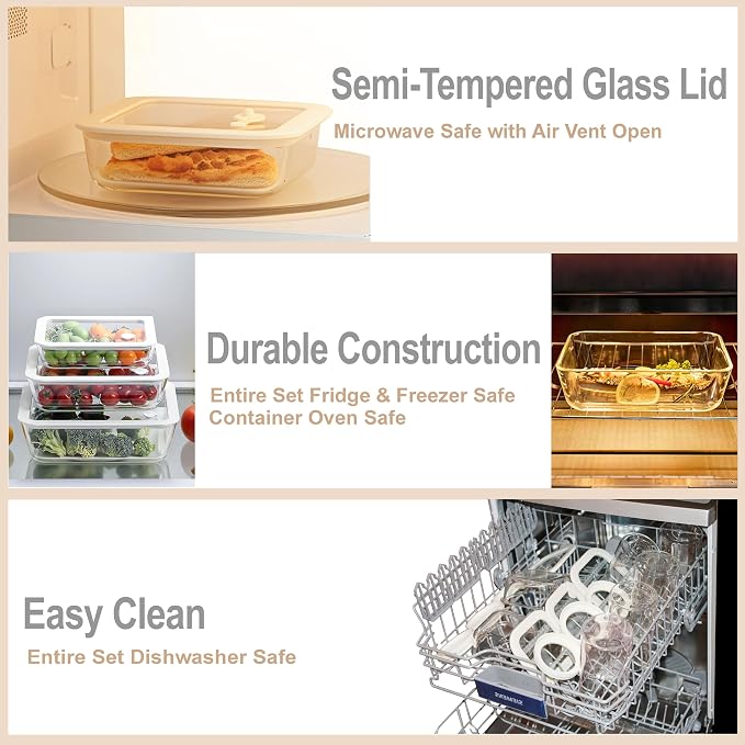 Urban Green Glass Food Container Set with Glass Lid, 4 Pack, Meal Prep Containers with Silicone Framed Airtight Lid, Leakproof, 100% Plastic Free,