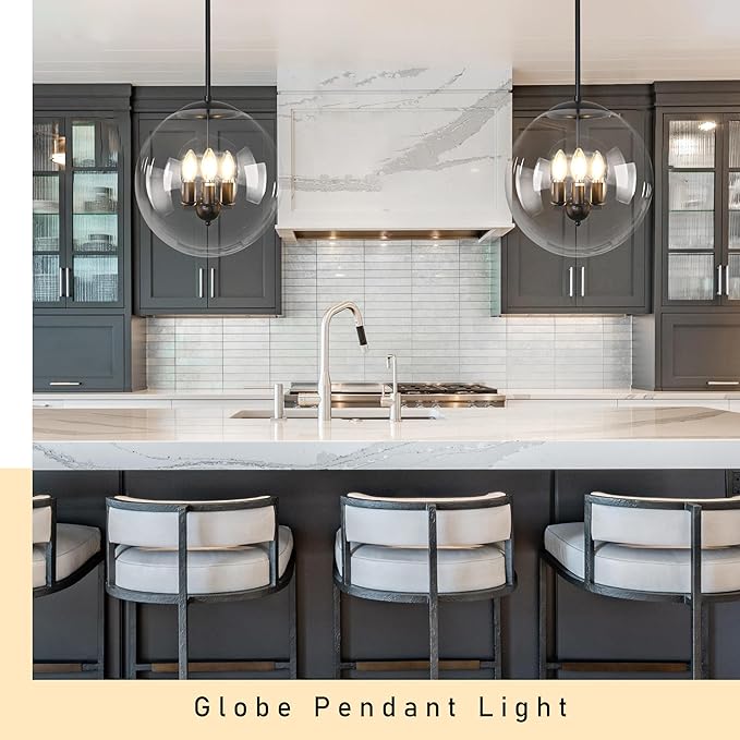 Bagood 14" Globe Pendant Light 3-Light Black Mid Century Pendant Light Clear Glass Lights Kitchen Island Mid Century Adjustable Hanging Farmhouse Globe Fixtures for Living Room Lobby