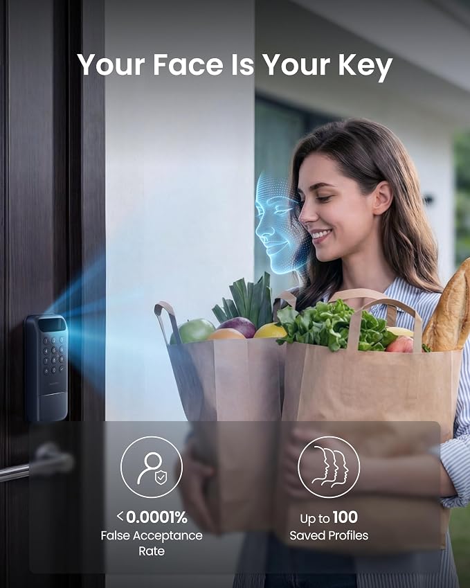 SwitchBot Lock Vision, 3D Face Recognition Smart Lock, Deadbolt Keyless Entry, DualPower 12-Month Battery, WiFi No Hub Required, Matter Over WiFi, Works with Apple Home, Alexa, Google, IP65
