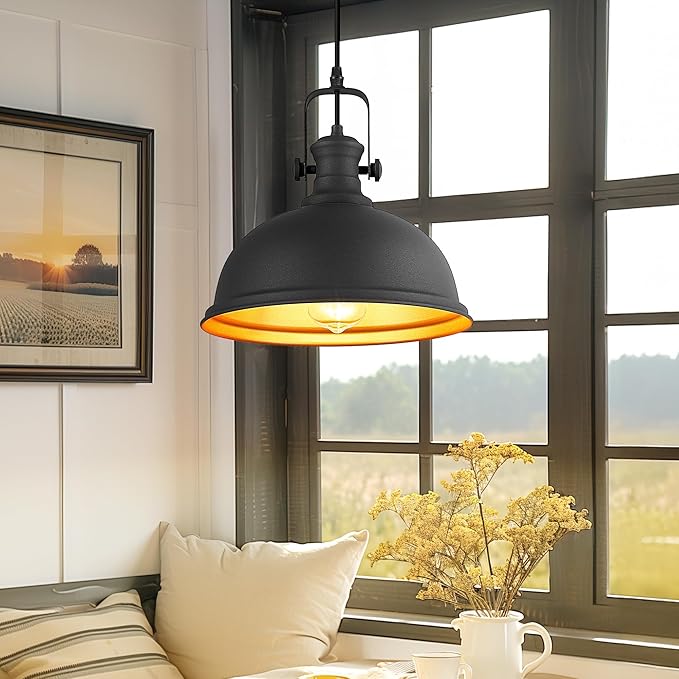 2-Pack Pendant Lights Kitchen Island, Farmhouse Hanging Lights Fixtures with Metal Shade, Rustic Kitchen Pendant Lighting Over Island for Dining Room, Matte Black, AD-2151-1P2L-BK