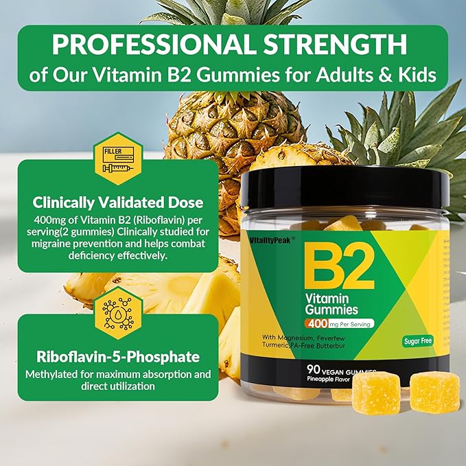 Gummies de Riboflavine Vitamine B2 400 mg pour Adultes et Enfants | Supplément Migraine avec Magnésium, Curcuma, Poivre de Cayenne, Pétasite pour l'Énergie et le Soutien Nerveux | Végan, Sans Sucre, 90 Pièces