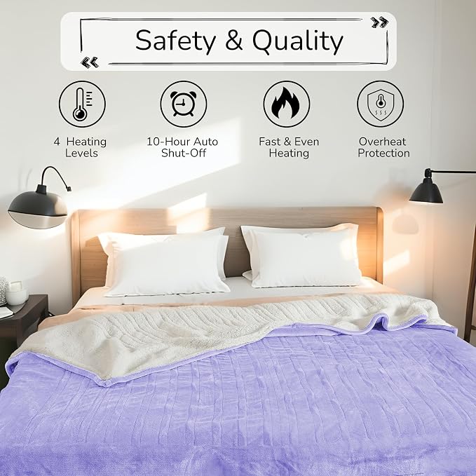Electric Heated Blanket Queen Size 84"x90" – ETL Certified for Safe Overnight, 4 Heat Settings & 10H Auto Off, Dual-Sided Microplush Sherpa for Home Theater Night, Machine washable – Light Purple