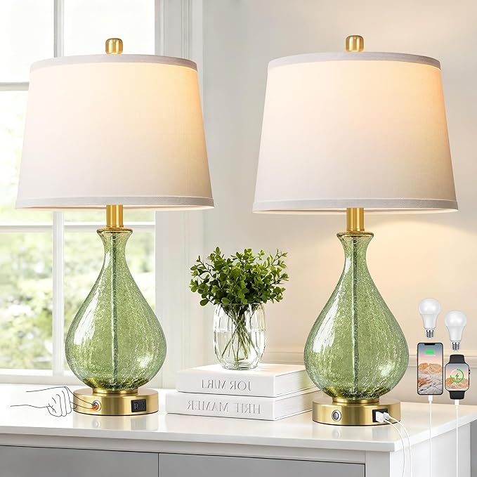 QiMH Green Glass Table Lamps for Living Room, Bedside Lamps Set of 2 with USB A+C Charging Ports, 3 Way Dimmable Touch Lamps for Nightstand, 22.5" Modern Table Lamp for Bedroom, Gold(Bulb Included)