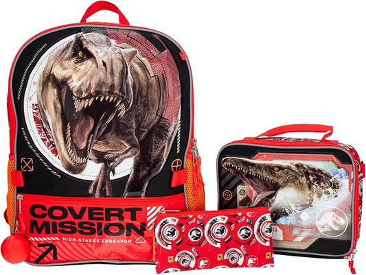 AI ACCESSORY INNOVATIONS Jurassic World 5 PC Backpack Set, Girls & Boys Big Face School Bag 16” with Front Zip Pocket