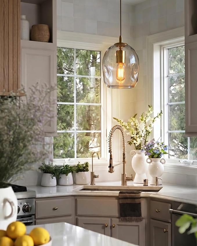 CASAMOTION Glass Pendant Light Gold and Clear Organic Globe Ceiling Hanging Fixtures Modern Industrial Ambient Lighting Over Kitchen Island Sink Bar Counter Porch Small Medium Lamp 8 Inch H