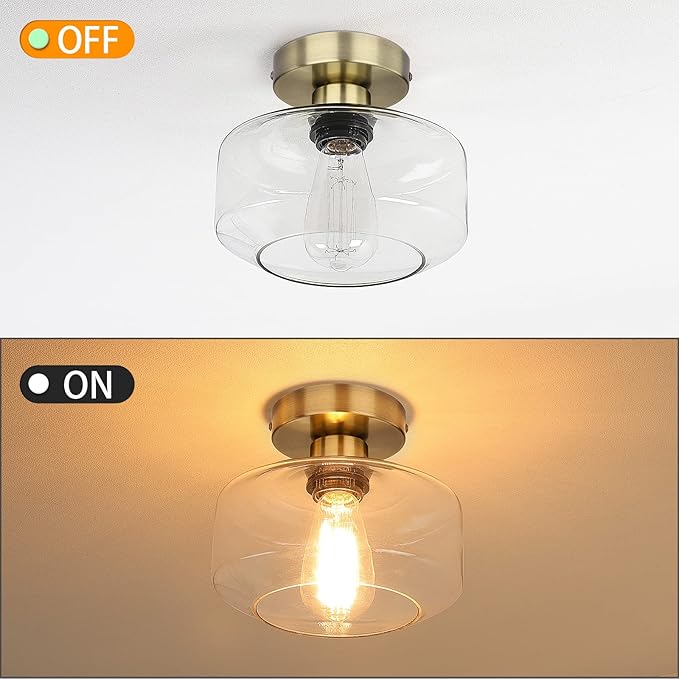 MAXvolador Industrial Semi Flush Mount Ceiling Light Brass, Clear Glass Pendant Lamp Shade, Farmhouse Lighting Hallway, Vintage Hanging Light Fixture