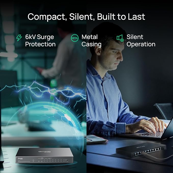 TP-Link Omada 8 Port Gigabit Easy Managed, PoE Switch, 63W Budget, PoE+ Compliant, Up to 250m PoE Distance, Auto Recovery, VLAN, Auto Loop Prevention, Fanless, Managed by Omada(ES210GP)