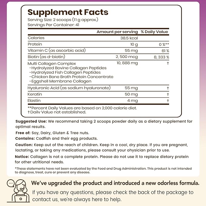 VEV Multi Collagen Peptides Powder, 16 oz (41 Servings) – Type I, II, III, V, X, Hydrolyzed Collagen, Hyaluronic Acid, Biotin, Vitamin C, Supports Skin, Unflavored, Dissolves Easily, Keto-Friendly