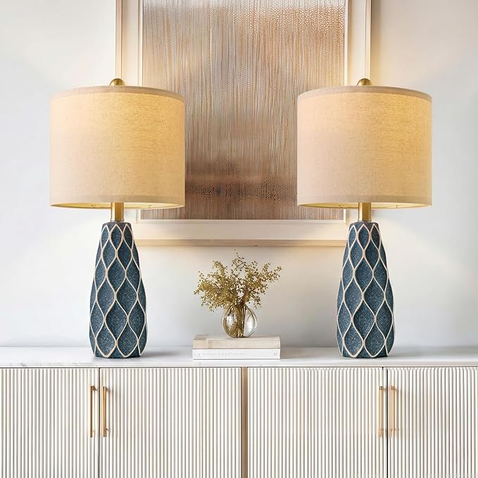 20.75" Small Table Lamps for Living Room Bedroom Lamps Set of 2 Ceramic Modern Boho Bedside Lamps Night Stands Farmhouse Vintage Nightstand Lamp Reading Light Home Office Dorm Desk Deco Gifts, Blue