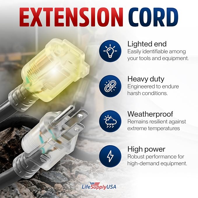 25ft Outdoor/Indoor Extension Cord 12/3 Gauge Extra Heavy Duty 3 Prong SJTW, Waterproof, Flexible Cold-Resistant Long Power Cord,15A 125V 1875W, Black by LifeSupplyUSA