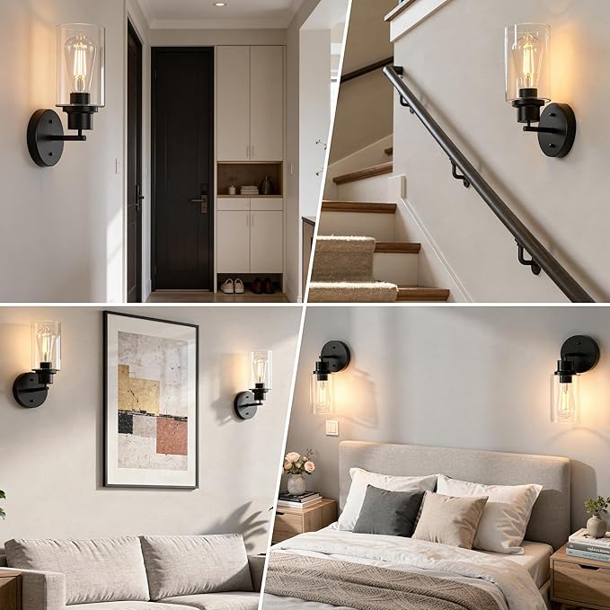 2-Pack Black Bathroom Wall Sconces, Modern Vanity Light Fixtures with Clear Glass Shade, 1-Light Wall Lamps Over Mirror for Bathroom, Bedroom, Hallway, Living Room