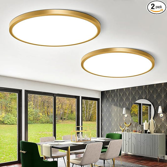 12 Inch Gold Flush Mount Ceiling Light, 2 Pack 24W 3200LM 5000K Daylight White LED Ceiling Light Fixture, Ultra Thin Round Flat Ceiling Light for Bedroom, Kitchen, Bathroom, Hallway