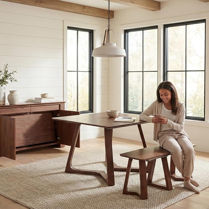 Transformer Table Nova Extendable Dining Table + Bench, Royal Brown | Telescopic Steel Rails, Expandable 4 to 10 Seats, Kitchen & Banquet Table