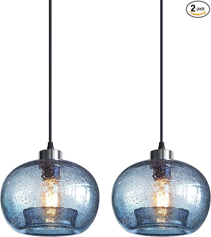 CASAMOTION Hand Blown Glass Pendant Lights Kitchen Island Marble Blue Color Modern Rustic Style Ceiling Hanging Light Fixtures Dining Room Brushed Nickel 8.7 Inch Diameter 2 Pack