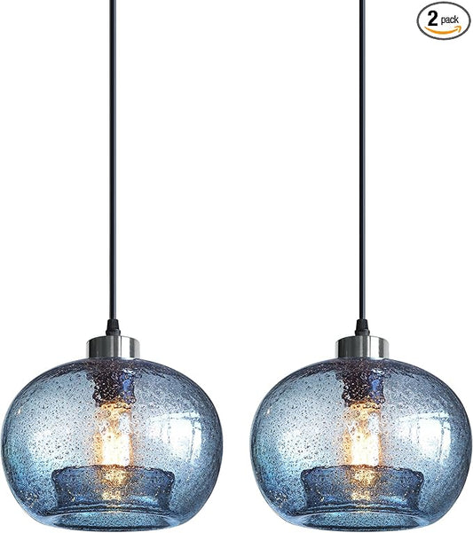CASAMOTION Hand Blown Glass Pendant Lights Kitchen Island Marble Blue Color Modern Rustic Style Ceiling Hanging Light Fixtures Dining Room Brushed Nickel 8.7 Inch Diameter 2 Pack