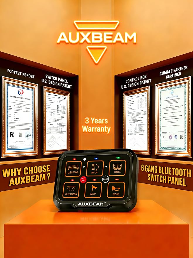 Auxbeam 6 Gang Switch Panel Bluetooth RGB AR-600 with Toggle Momentary Pulsed Modes Multifunctional Switch pod with Manual and Automatic Backlit Control Boat Switch Panel for Truck Car ATV Waterproof