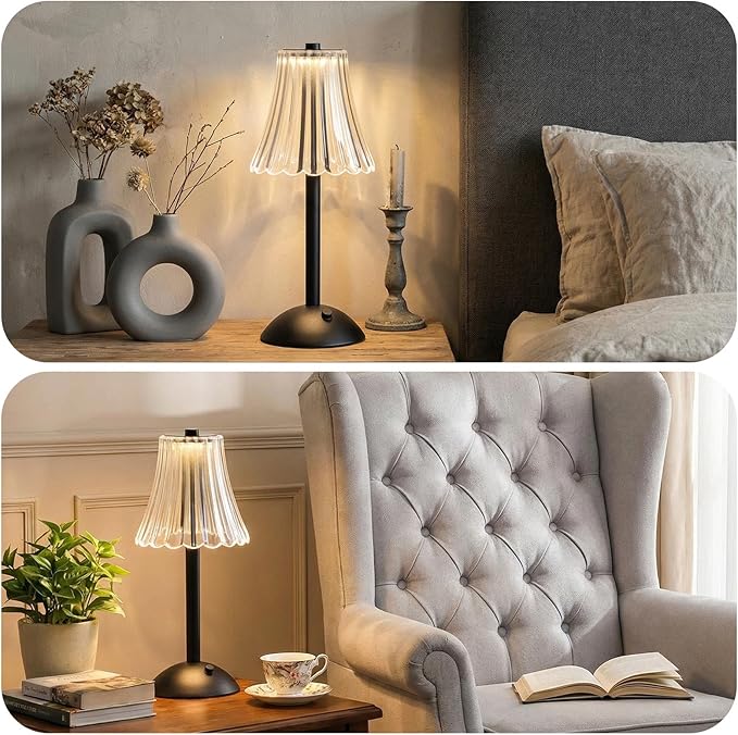 Liliful 1 Pcs Cordless Table Lamp Rechargeable Touch LED Small Gold Portable Battery Operated USB-c Desk Lamp 3 Color Dimmable for Bedroom Living Room Dining (Black,Rose Style)