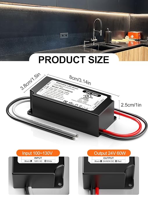 24V Dimmable LED Driver 60W, UL Listed DC 24V Triac ELV/MLV LED Dimmable Power Supply Compatible with Lutron & Leviton Switches 60 Watt LEDs Transformer 24 Volt for Strip Cabinets Light