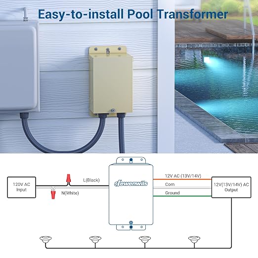 DEWENWILS 200W Low Voltage Landscape Transformer, Pool Light Transformer 120V to 12V/13V/14V AC, Swimming Lighting, Spa & Fountain Lights, Outdoor Use, Waterproof
