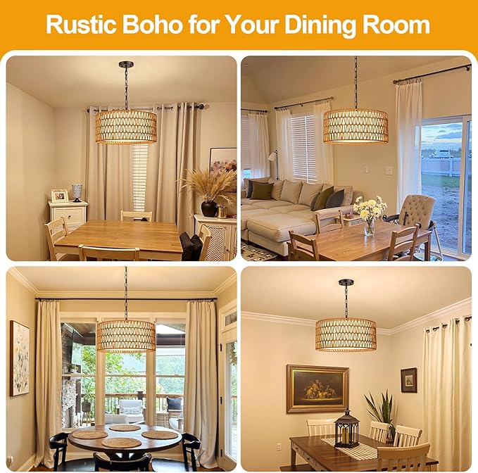 9"-52" Height Adjustable Farmhouse Chandelier Light Fixture, 5-Light Rattan Boho Chandeliers for Dining Room, Hand Woven Pendant Light with Linen Shade, Rustic Hanging Lighting for Kitchen Island