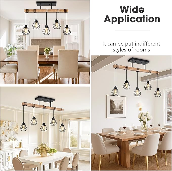 5-Lights Farmhouse Hanging Pendant Light, Dinng Room Light Fixtures for Kitchen Island Lighting Over Table, Black Rustic Wood Ceiling Pendant Lights with Metal Shade for Living Room, Foyer
