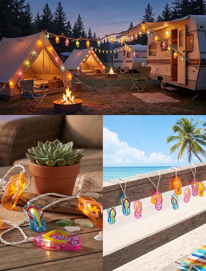 Summer Beach Flip Flop String Lights Plug in, 8.5FT Outdoor Hawaiian Tropical Themed Decoration Lights with 10 LED Multicolor Beach Slipper Lights for Patio Party Birthday Home Window Tent Home Decor