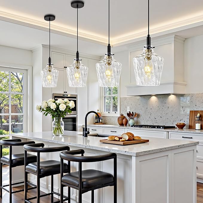 Modern Hammered Glass Pendant Light for Kitchen Island 2 Pack, Farmhouse Black and Gold Pendant Light Fixtures, Height Adjustable Ceiling Pendant Light, 8 Inch