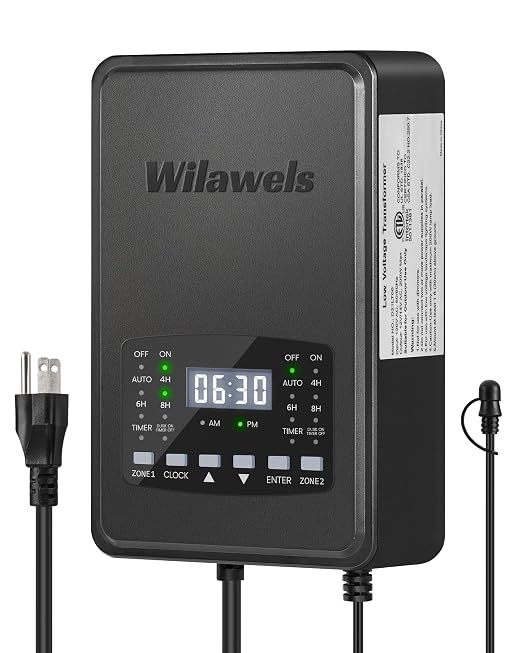200W Low Voltage Landscape Transformer, 2 Zone Independent Control Landscape Lighting Transformer, 120VAC to 12/14V AC Low Voltage Transformer with Timer & Photocell Sensor ETL Listed D21LT06
