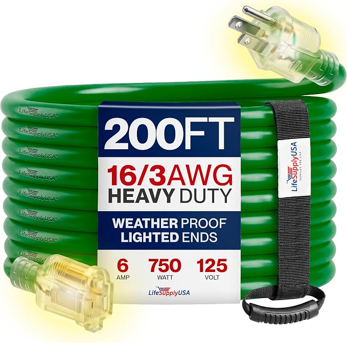 200ft Outdoor/Indoor Extension Cord 16/3 Gauge Heavy Duty 3 Prong SJTW, Waterproof, Flexible Cold-Resistant Long Power Cord,6A 125V 750W, Green by LifeSupplyUSA
